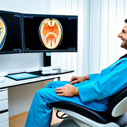 Home 6 A professional dentist, fully clothed in a clean, modest clinic uniform, is gently explaining digital dental scan results to a patient. The patient, fully clothed in appropriate attire, is comfortably seated in an ergonomic dental chair, looking at a large, modern monitor displaying a detailed 3D dental image. The clinic environment is bright, pristine, and features sleek, high-tech equipment. The scene emphasizes trust, clarity, and advanced dental care. Perfect anatomy, correct proportions, natural pose, well-formed hands, proper finger count, natural body proportions. Safe for work, appropriate content, fully clothed, professional, family-friendly.