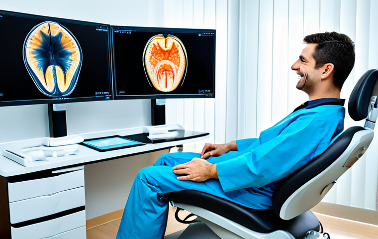 A professional dentist, fully clothed in a clean, modest clinic uniform, is gently explaining digital dental scan results to a patient. The patient, fully clothed in appropriate attire, is comfortably seated in an ergonomic dental chair, looking at a large, modern monitor displaying a detailed 3D dental image. The clinic environment is bright, pristine, and features sleek, high-tech equipment. The scene emphasizes trust, clarity, and advanced dental care. Perfect anatomy, correct proportions, natural pose, well-formed hands, proper finger count, natural body proportions. Safe for work, appropriate content, fully clothed, professional, family-friendly.