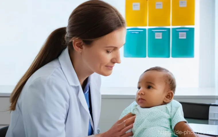 보건소 소아 예방접종 스케줄 - **Prompt:** A warm and reassuring scene inside a modern, brightly lit pediatrician's office. A kind,...