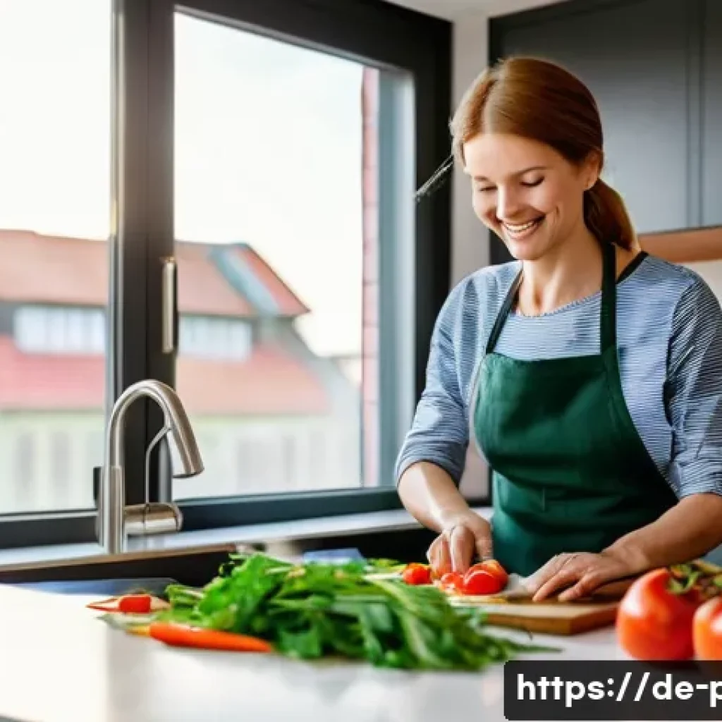 보건소에서의 치매 예방 강의 - A vibrant and detailed scene of a modern German kitchen with a middle-aged person preparing a health...