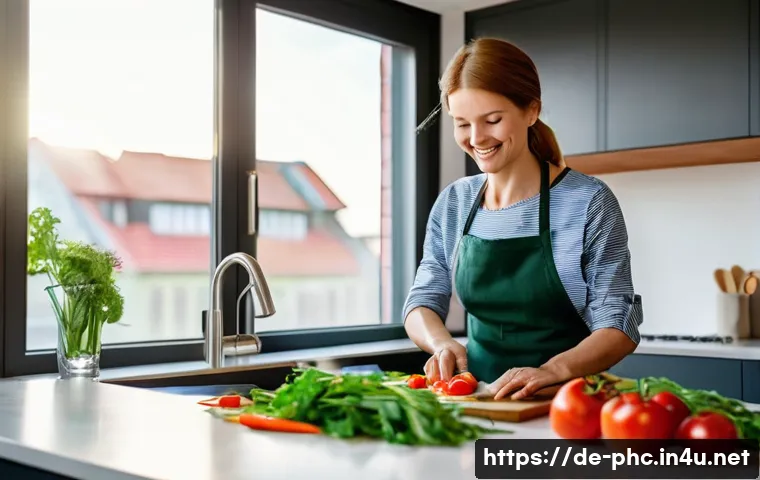 보건소에서의 치매 예방 강의 - A vibrant and detailed scene of a modern German kitchen with a middle-aged person preparing a health...