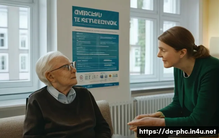 보건소에서의 치매 검사 주기 - A cozy German medical clinic scene showing a senior healthcare professional gently administering a n...