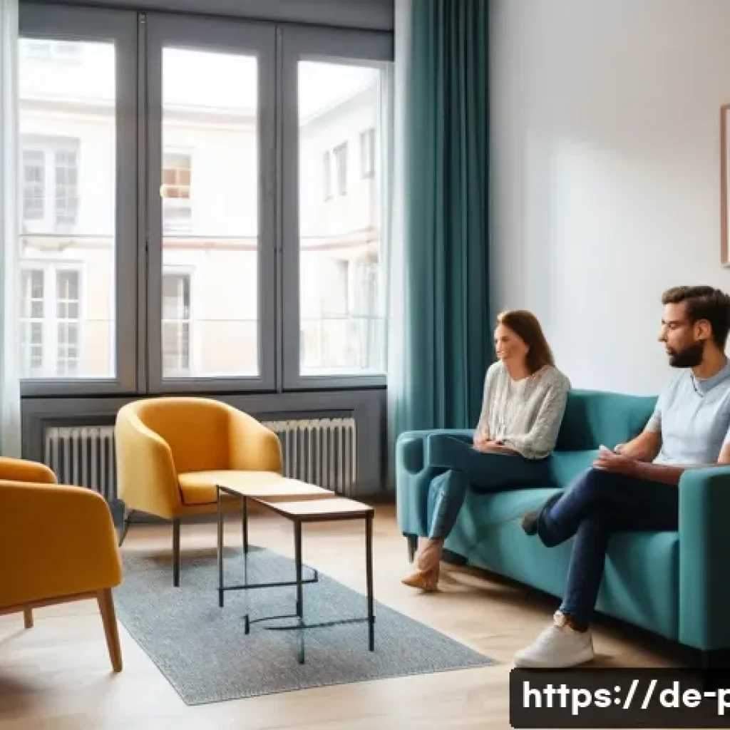 보건소에서의 우울증 상담 서비스 - A calm and welcoming counseling office interior in a German city, with a professional female counsel...