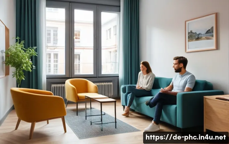 보건소에서의 우울증 상담 서비스 - A calm and welcoming counseling office interior in a German city, with a professional female counsel...