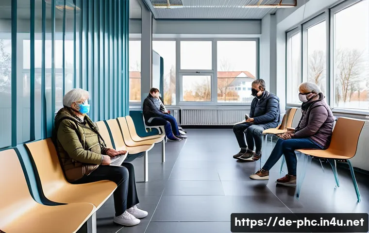 보건소 방문 시 유의사항 - A modern German public health office waiting area with diverse adults and elderly people sitting spa...