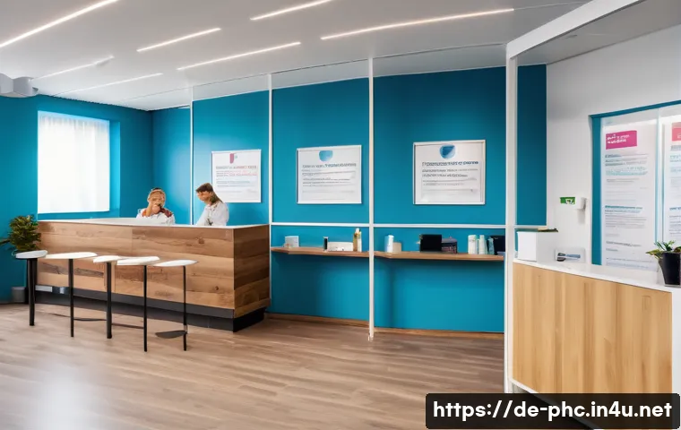 보건소에서 가능한 STD 검사 - A modern public health clinic interior in Germany, showing a diverse group of adults in casual cloth...