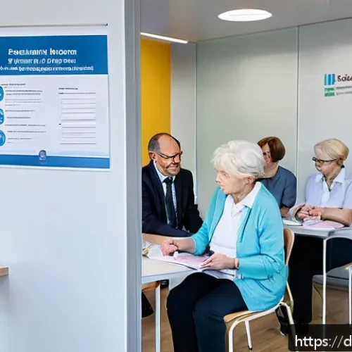 Home 32 보건소에서 가능한 알레르기 진단 - A modern German public health office waiting room scene showing a diverse group of adults and elderl...