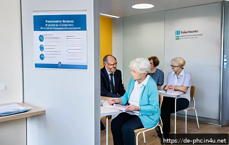 보건소에서 가능한 알레르기 진단 - A modern German public health office waiting room scene showing a diverse group of adults and elderl...