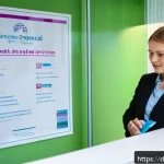 Home 18 보건소 임신 확인 검사 - A modern German public health office reception area with a young woman scheduling a confidential pre...