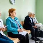 Home 23 보건소에서의 폐렴구균 백신 후기 - A friendly German health office waiting room scene showing diverse adults, including elderly people ...