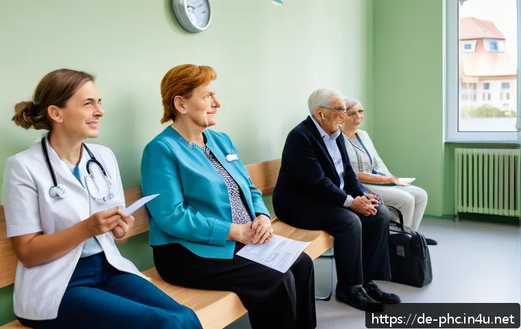 보건소에서의 폐렴구균 백신 후기 - A friendly German health office waiting room scene showing diverse adults, including elderly people ...
