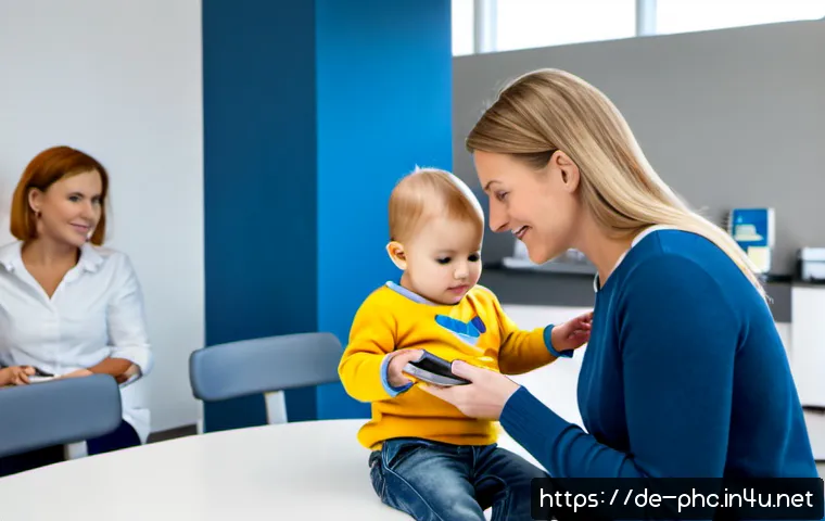 Home 17 보건소에서의 유아 성장검진 예약 방법 - Photorealistic German family health center reception, a mother holding a fully clothed toddler in a ...